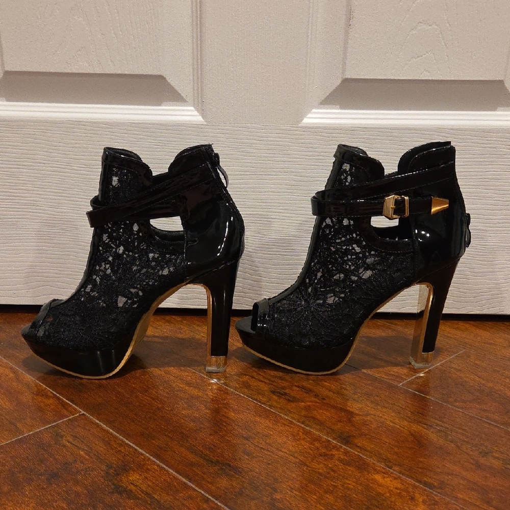 Black Lace Peep-Toe High Heel Booties with Gold Buckle - Picture 2 of 9